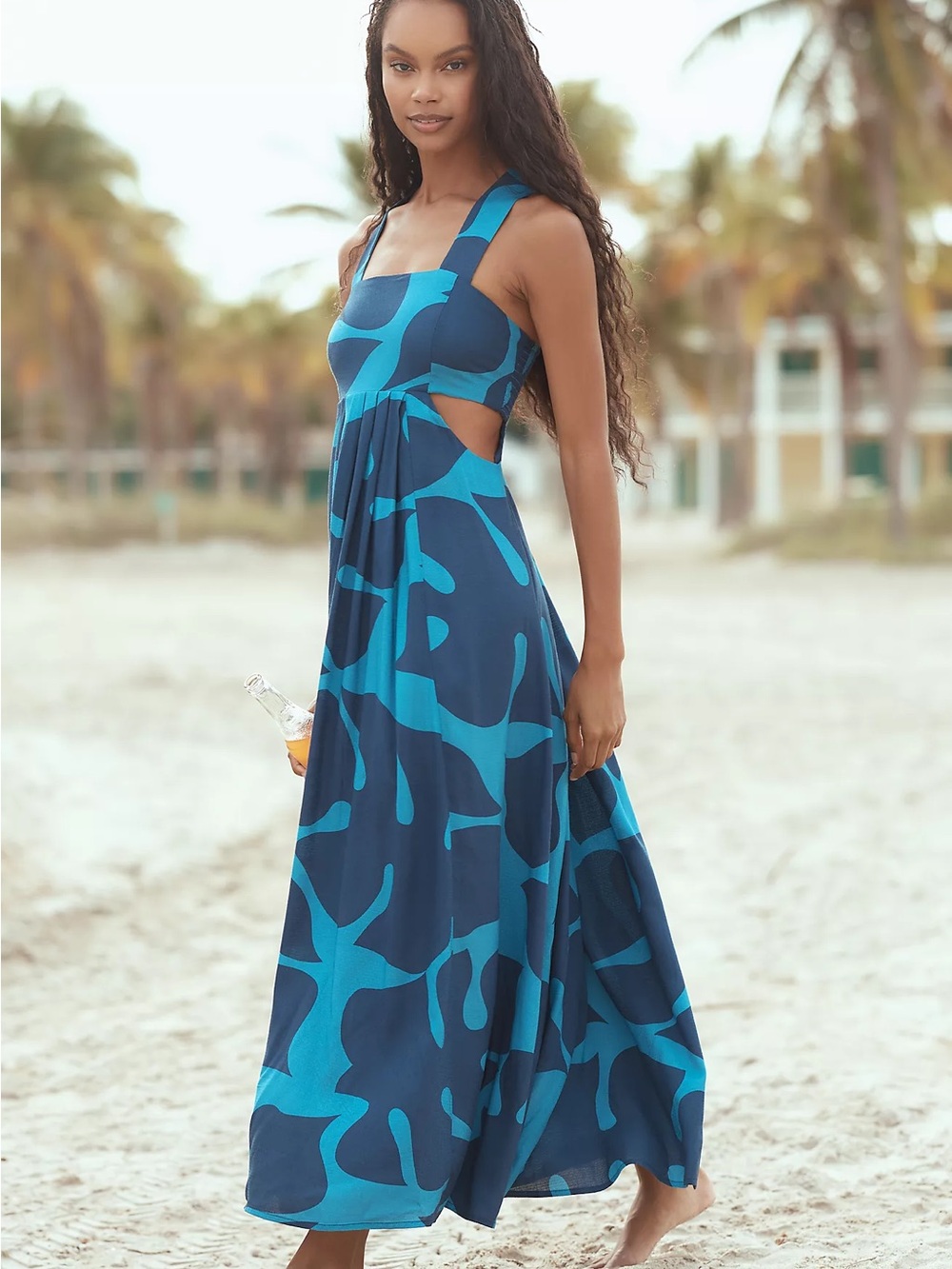 Anthropologie Piper Bandeau Maxi Dress Blue Tropical Leaf Print